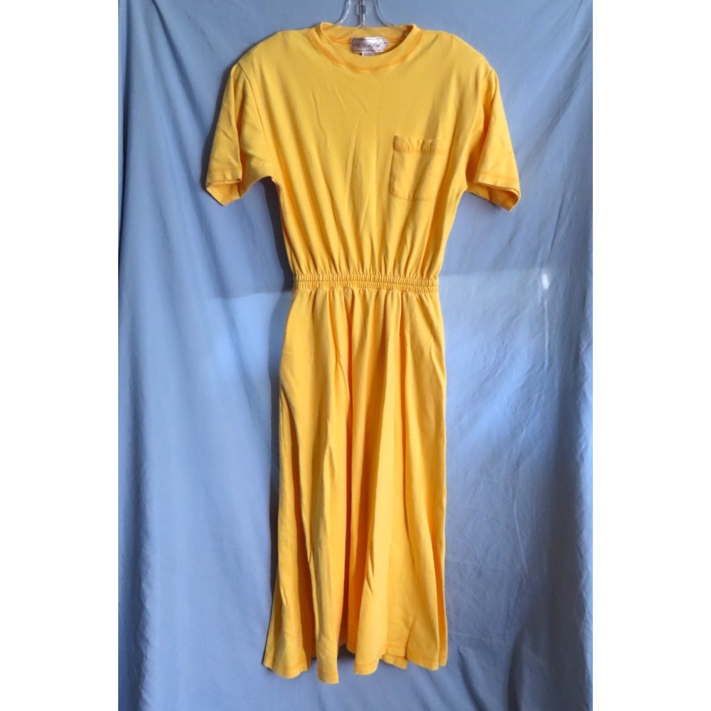 VTG All Week Long SUNNY YELLOW KNIT T-Shirt Dress w/Pockets A-LINE FLARE sz M
